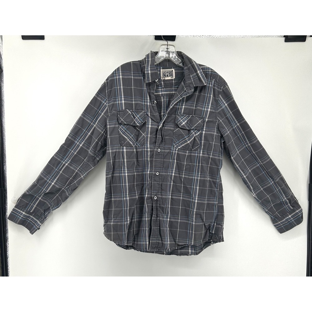 Converse One Star Mens Plaid Button Down Shirt Gray Blue Long Sleeve Medium